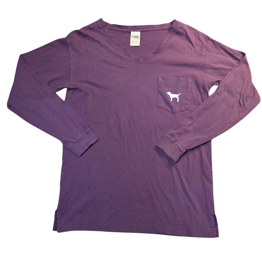 PINK Victoria's Secret Women XS Long Sleeve Shirt Purple V-Neck Pocket Dog Logo
